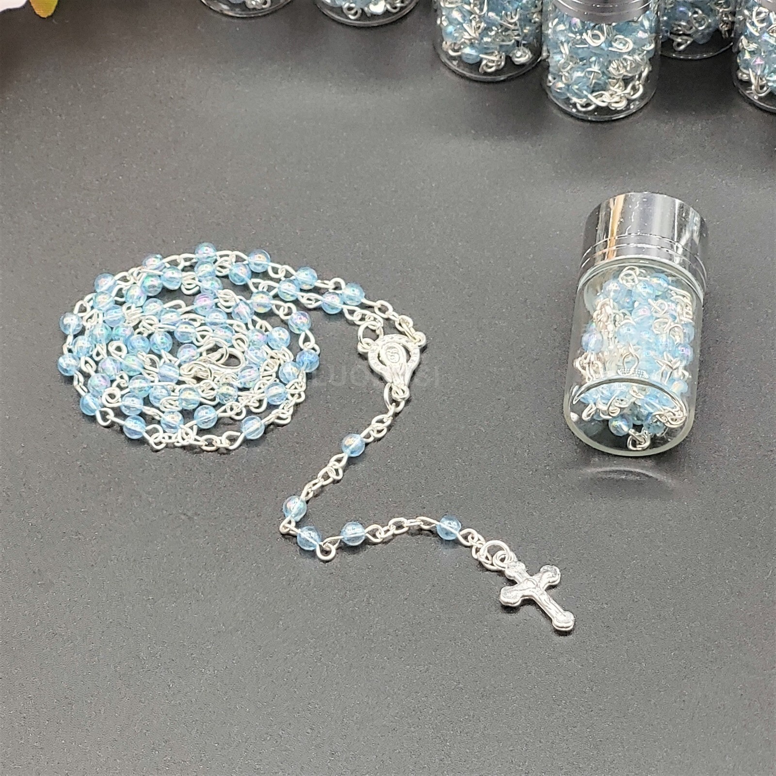 12 Blue Clear Rosary Crucifix Silver Bottle Recuerdos de Bautizo Holy Communion