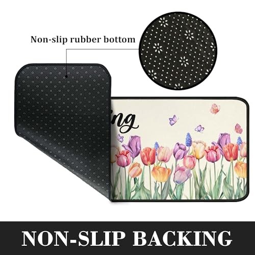 Tulip Floral Spring Decorative Kitchen Rugs Set of 2,Welcome Spring Summer