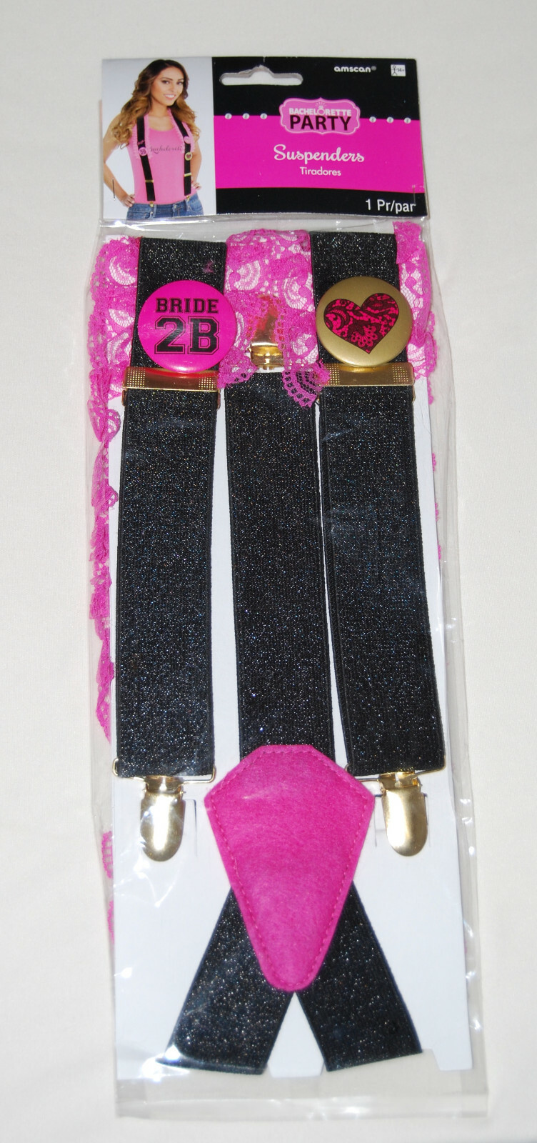 New Amscan Women’s Pink & Black BRIDE TO BE Bachelorette Party Suspenders O/S
