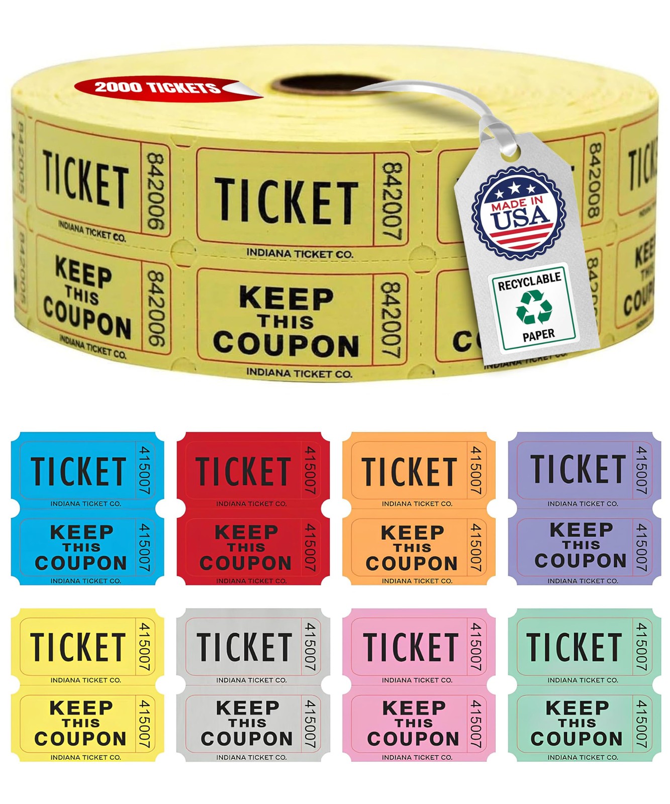 Raffle Tickets Roll, 50/50, Yellow, 2000 Tickets per Roll Made in USA