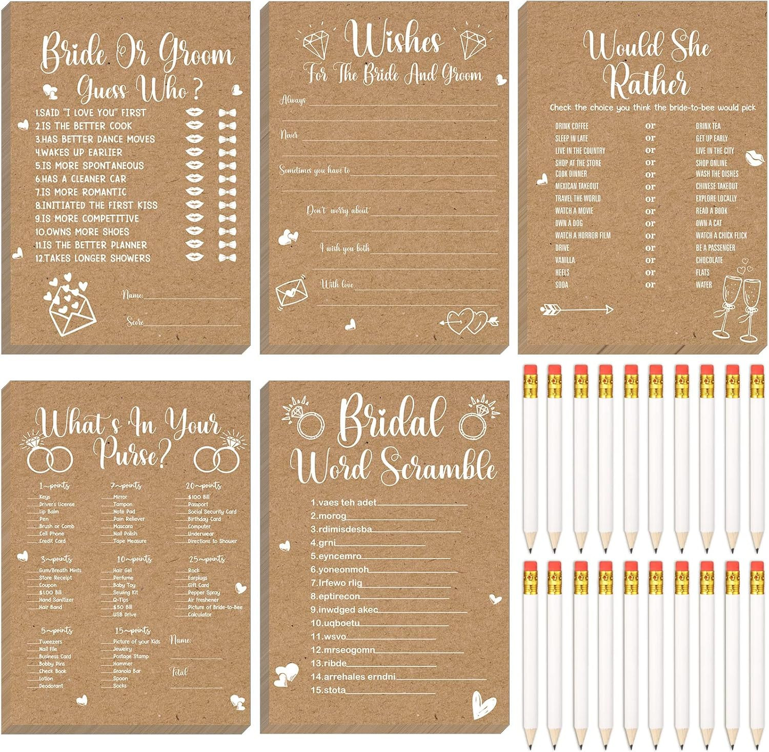 145Pcs Rustic Kraft Bridal Shower Games Set 5 Fun Wedding Party Games 25 Guests!