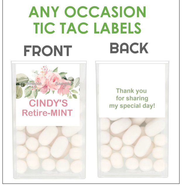 24 FLORAL RETIREMENT TIC TAC RETIRE-MINT Labels Personalized FAVORS any occasion