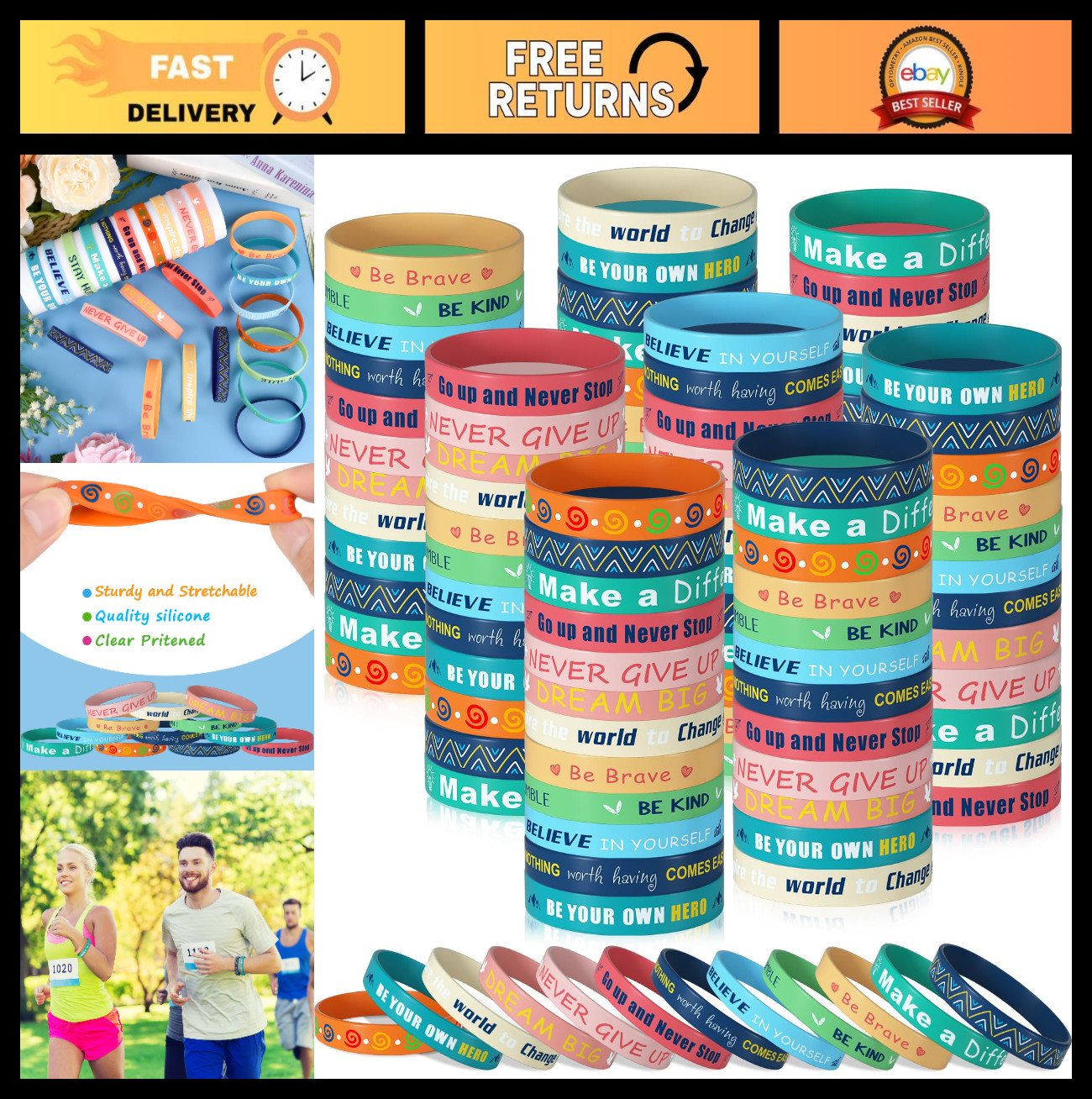 120 Pcs Inspirational Silicone Bracelets – Motivational Quote Rubber Wristbands,