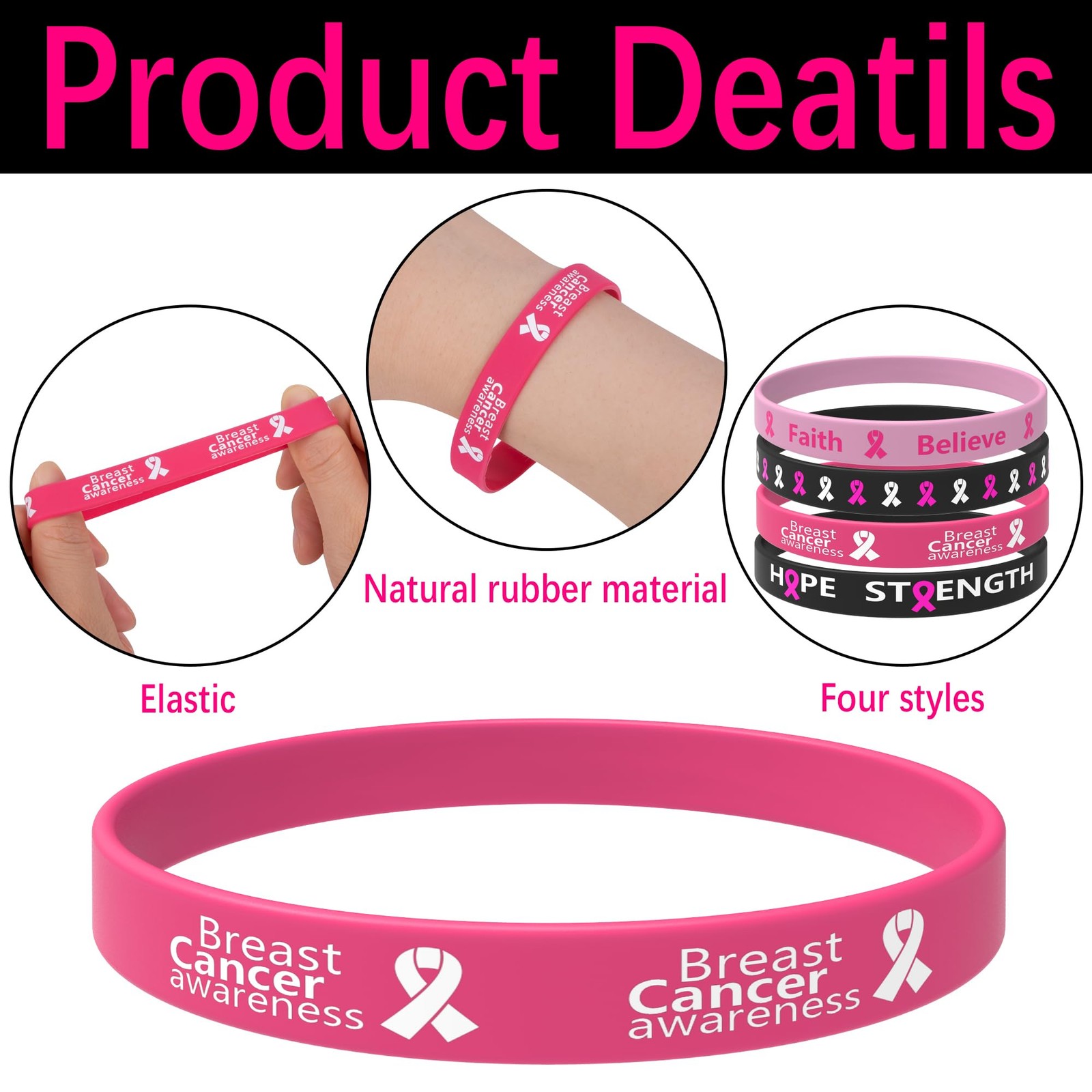 Wehhbtye 60 Pcs Breast Cancer Awareness Silicone Wristbands – 8 inches, Black