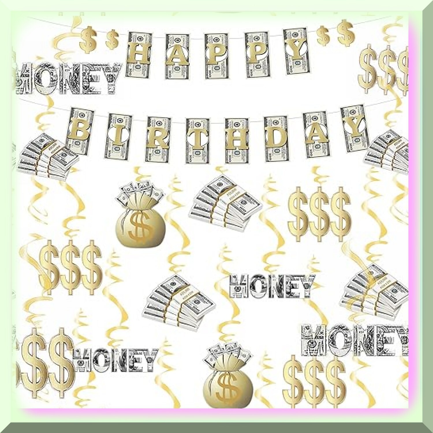 Money Celebration Set with Dollar Sign Banner and Swirls