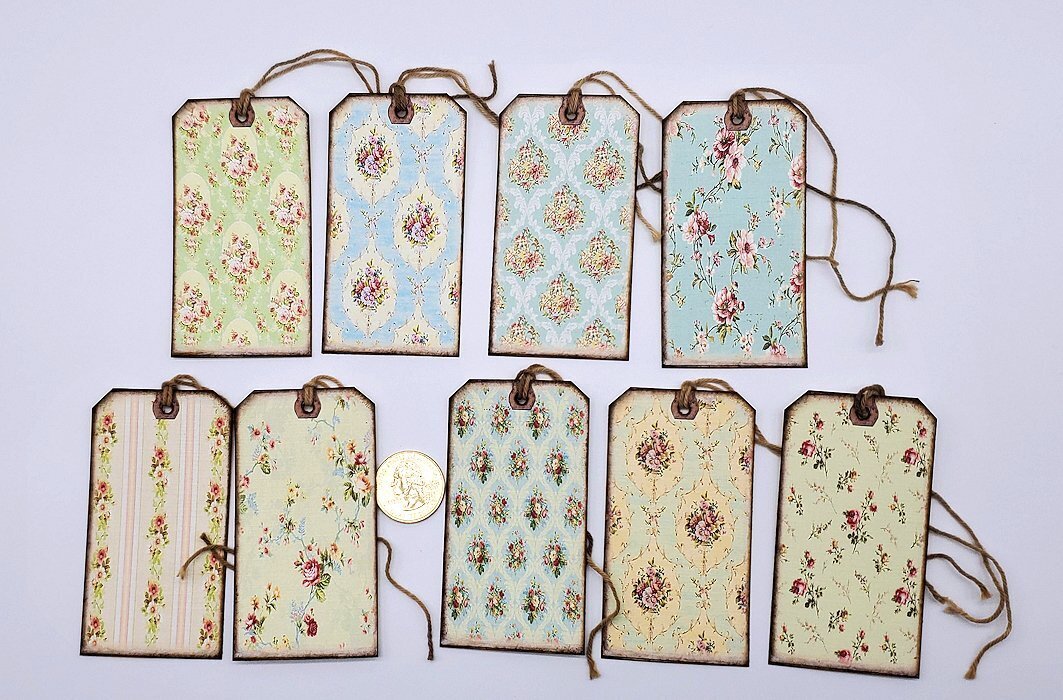 9~Ephemera~Handmade~Linen Cardstock~Roses~Shabby Chic~Gift~Hang~Tags