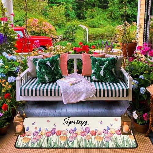 Tulip Floral Spring Decorative Kitchen Rugs Set of 2,Welcome Spring Summer