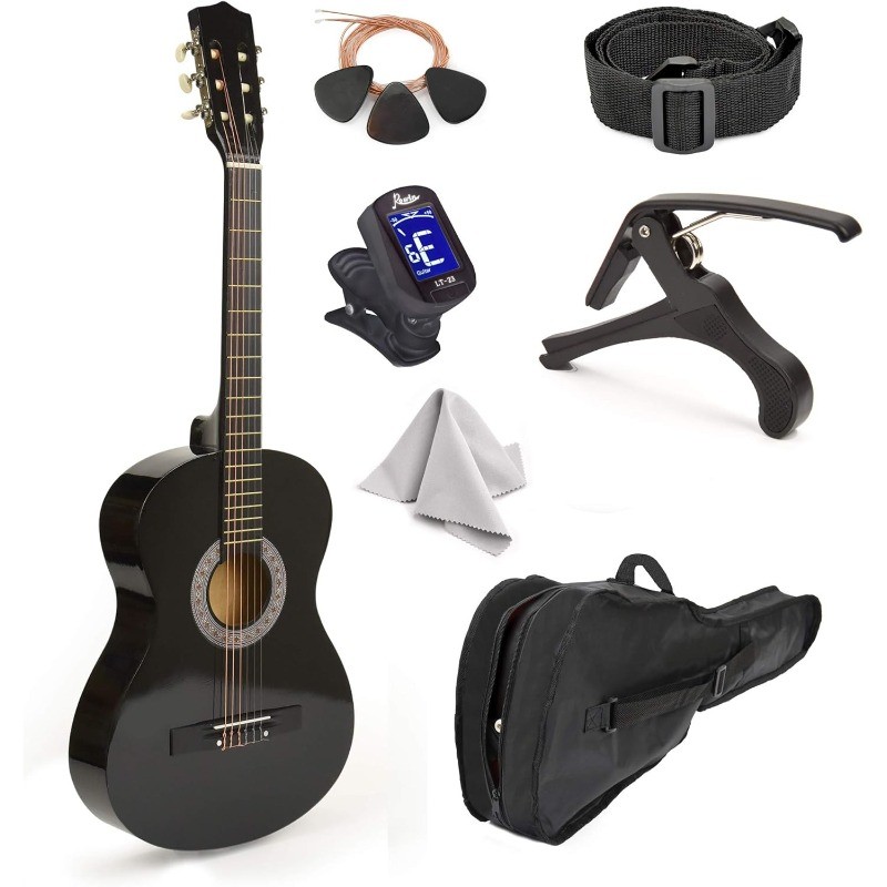30″ Wood Guitar with Case and Accessories for Kids/Girls/Boys/Beginners (Black)