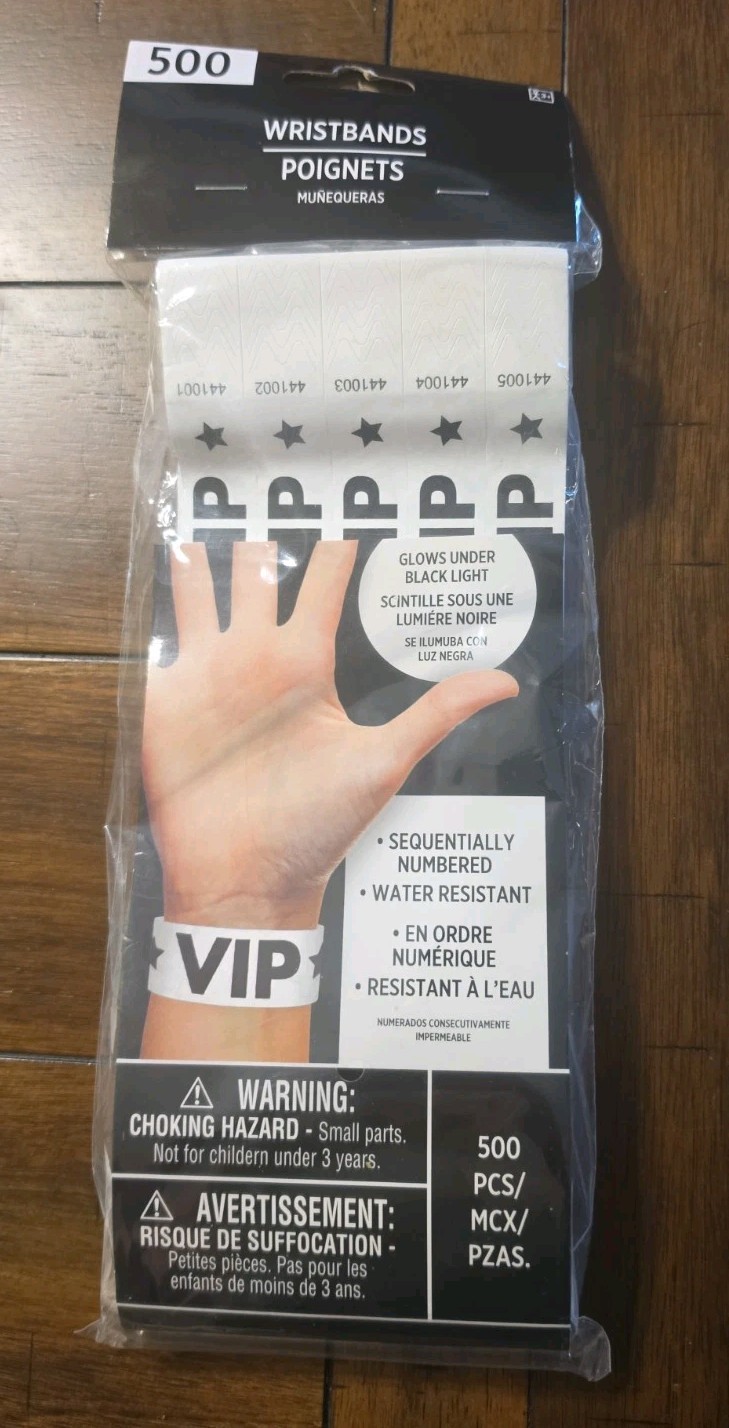 500 Wristband White VIP Star Amscan Tyvek Numbered Event Parties Club Glow