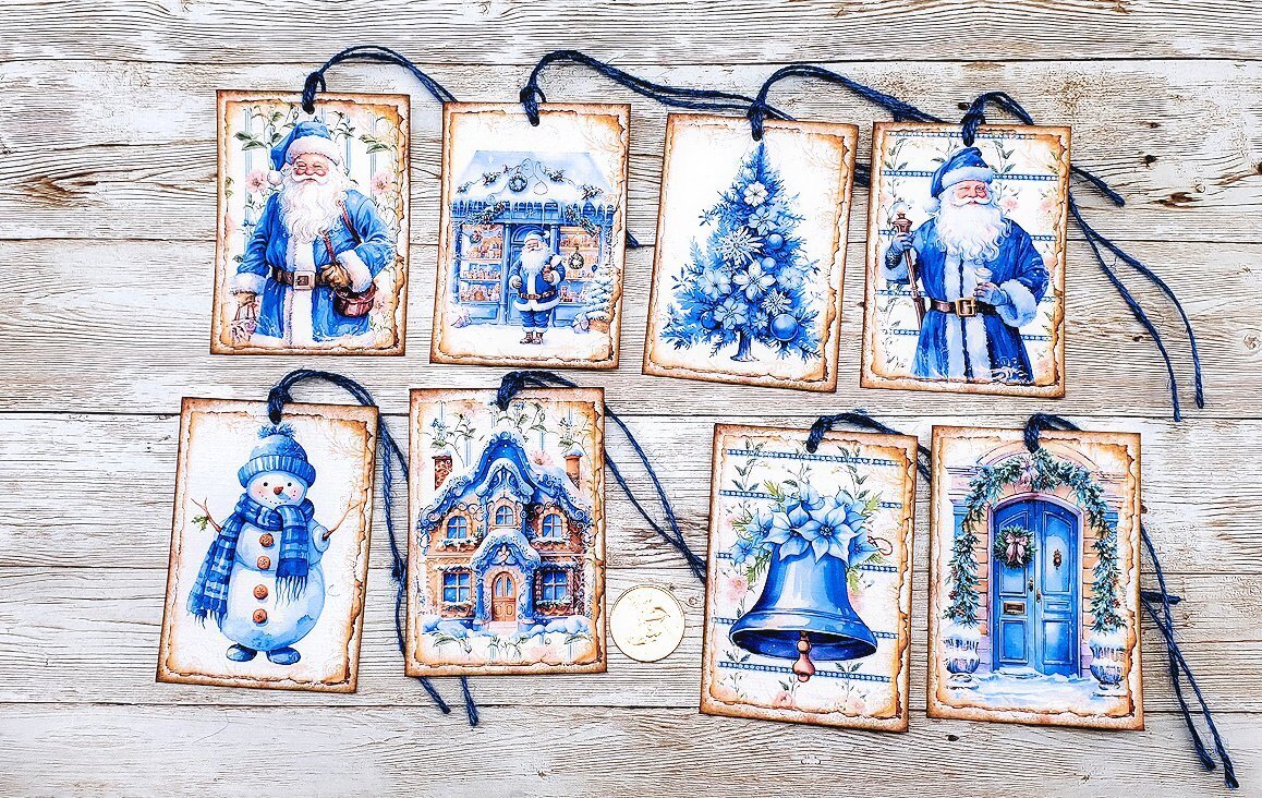8-Christmas-Holiday-Blue-Santa-Linen Cardstock-Gift-Hang-Tags