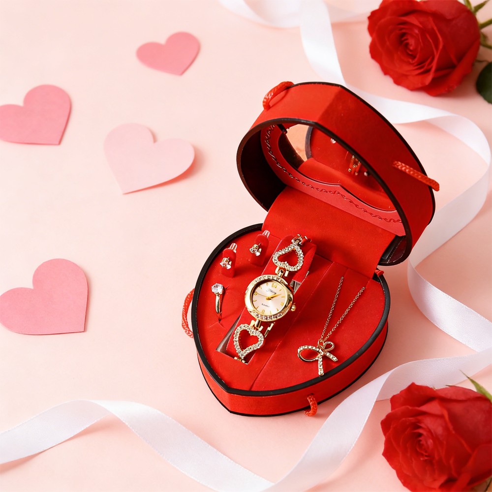 Women’s Watch & Jewelry Set Elegant Necklace Earrings Ring For Valentine’s Day