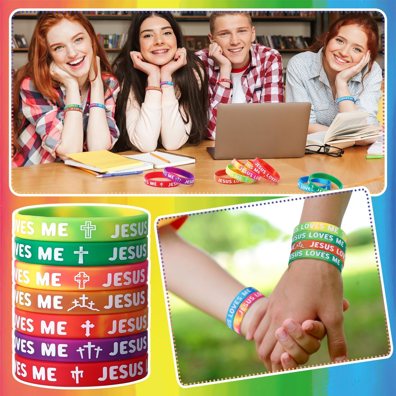 150 Pcs Jesus Loves Me Wristbands Bulk 10 Styles Rainbow Religious Silicone B…