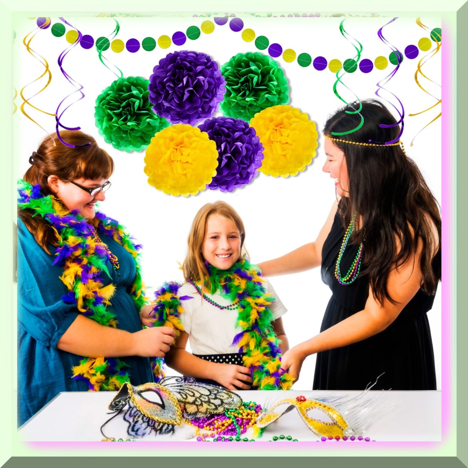 Mardi Gras Tissue Paper Pom Poms and Decorations Pack