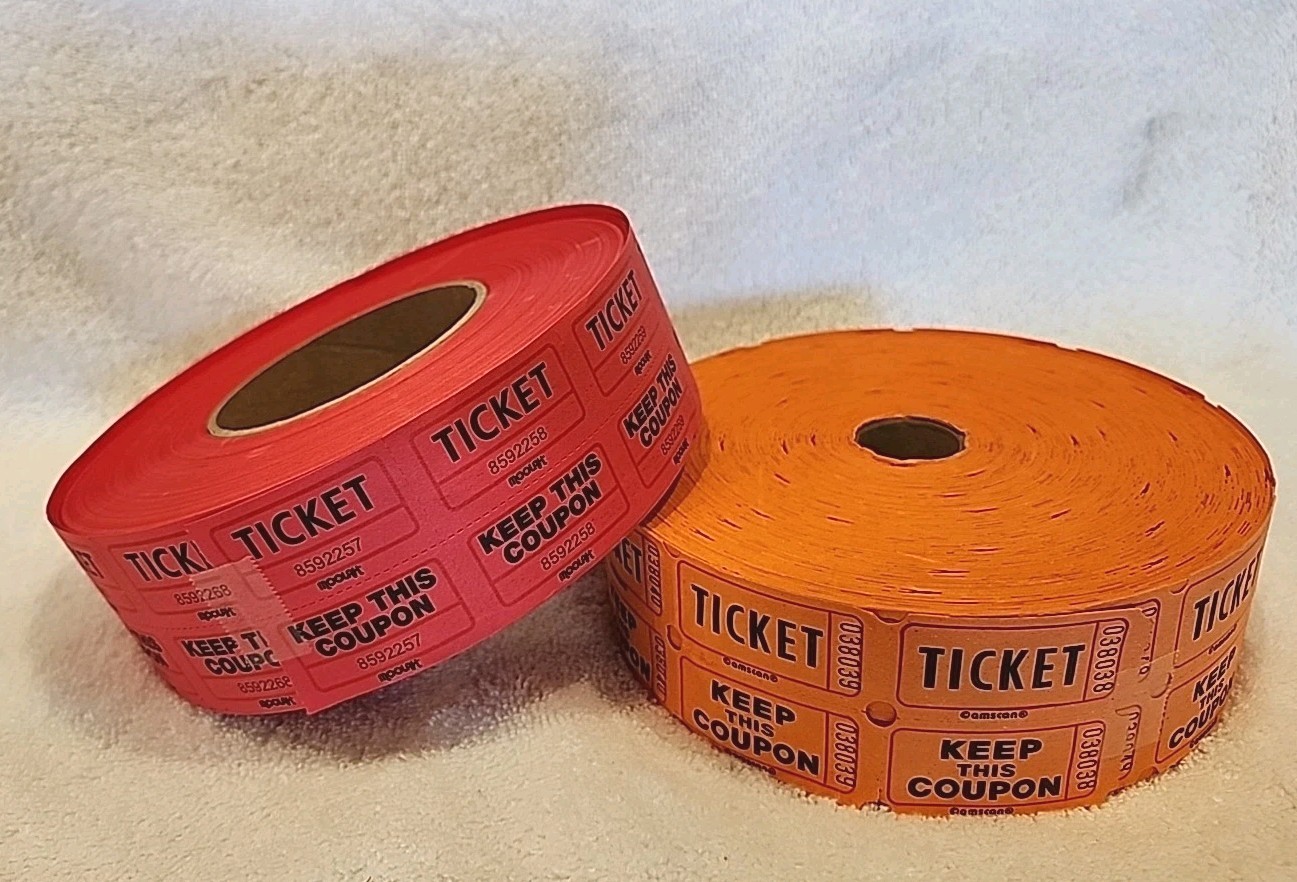  Lot of 2 Double Stub Raffle Tickets, Orange & Red Rolls – Event/Charity/50/50