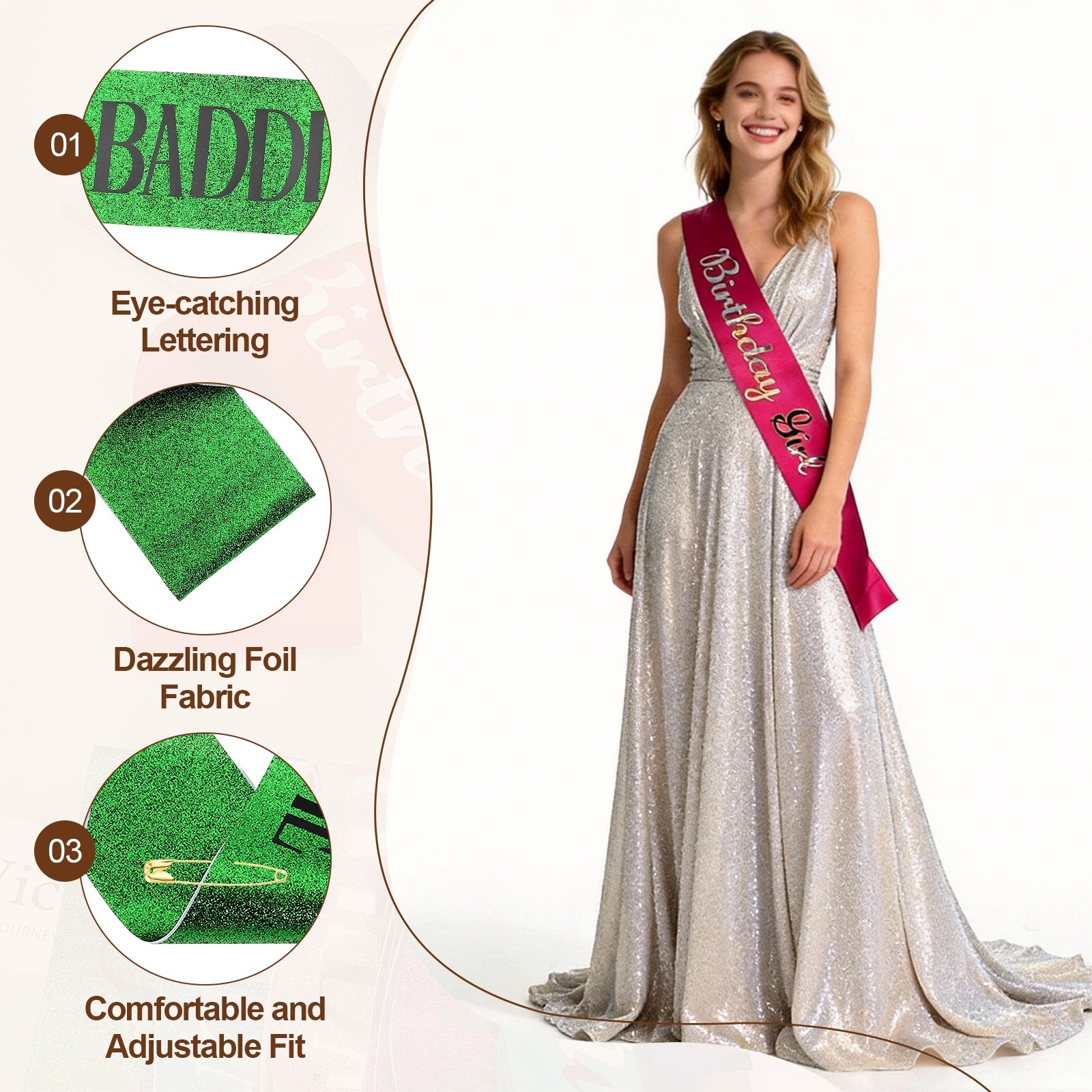 Birthday Baddie Sash with Pin Black Lettering for Party, Green