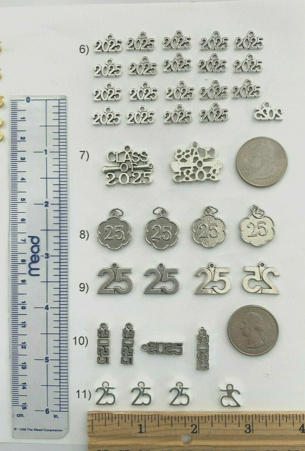 2025 YEAR OR 25 NUMBER CHARMS, GOLD OR SILVER, ANNIVERSARY GRADUATION BIRTHDAY