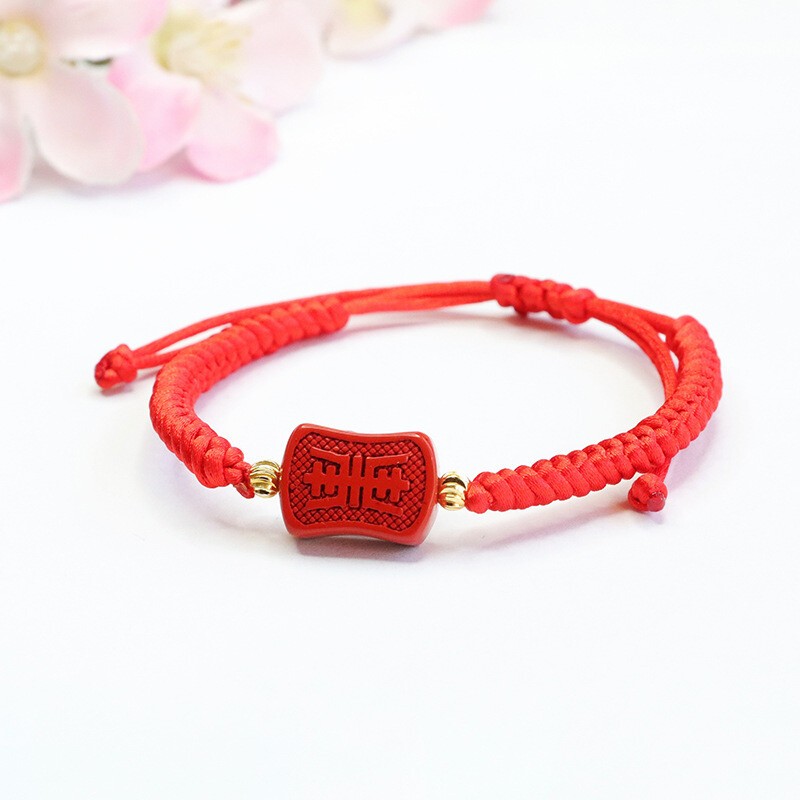 Handmade Cinnabar Red&Black String Bracelet with Charm Adjustable Lucky FengShui
