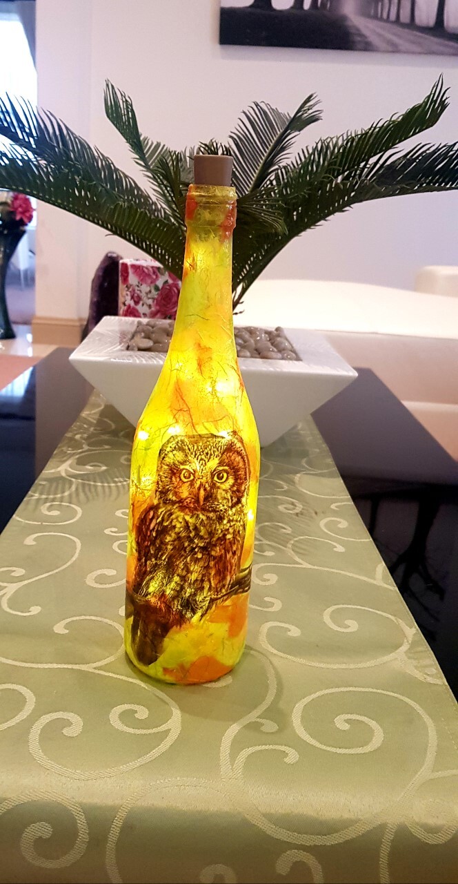 Hand Decorated Light Up Bottle Lamp with Owl Design One of a Kind Unique Gift