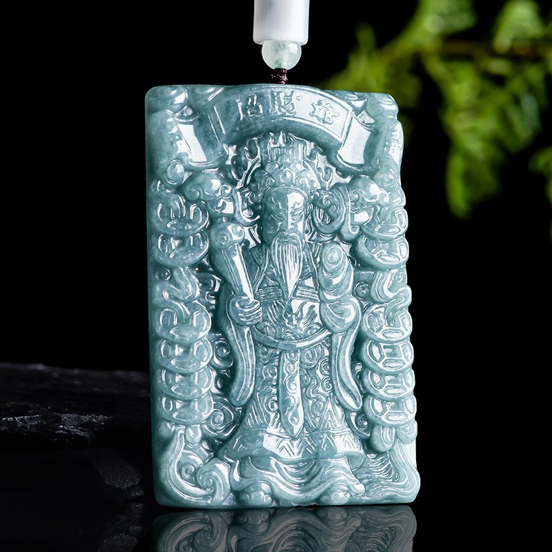 Natural Green Jadeite God of Wealth Pendant – Lucky Jade Amulet for Prosperity
