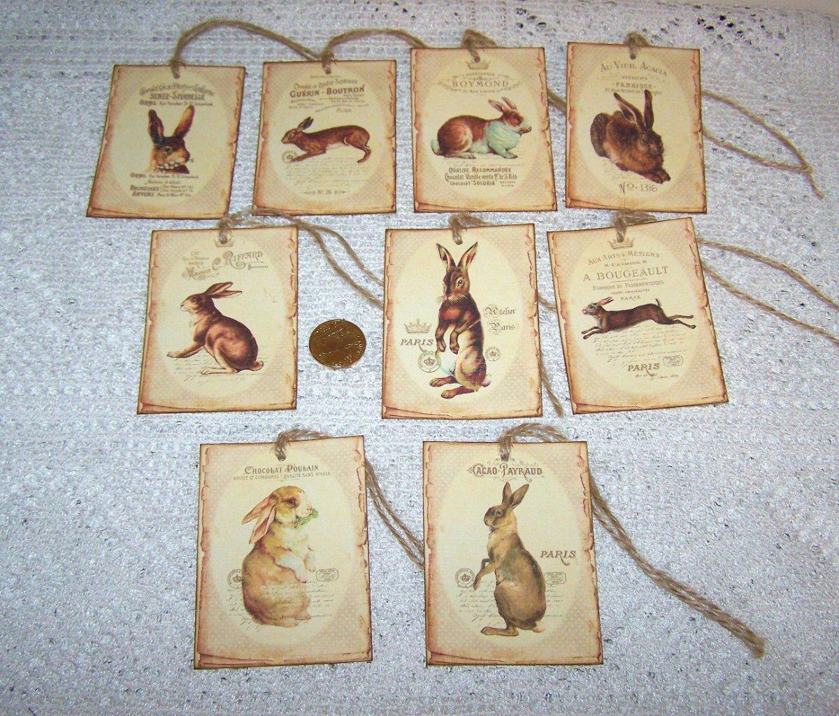 9~Easter~Vintage~French~Chocolat~Rabbits~Linen Cardstock~Gift~Hang~Tags