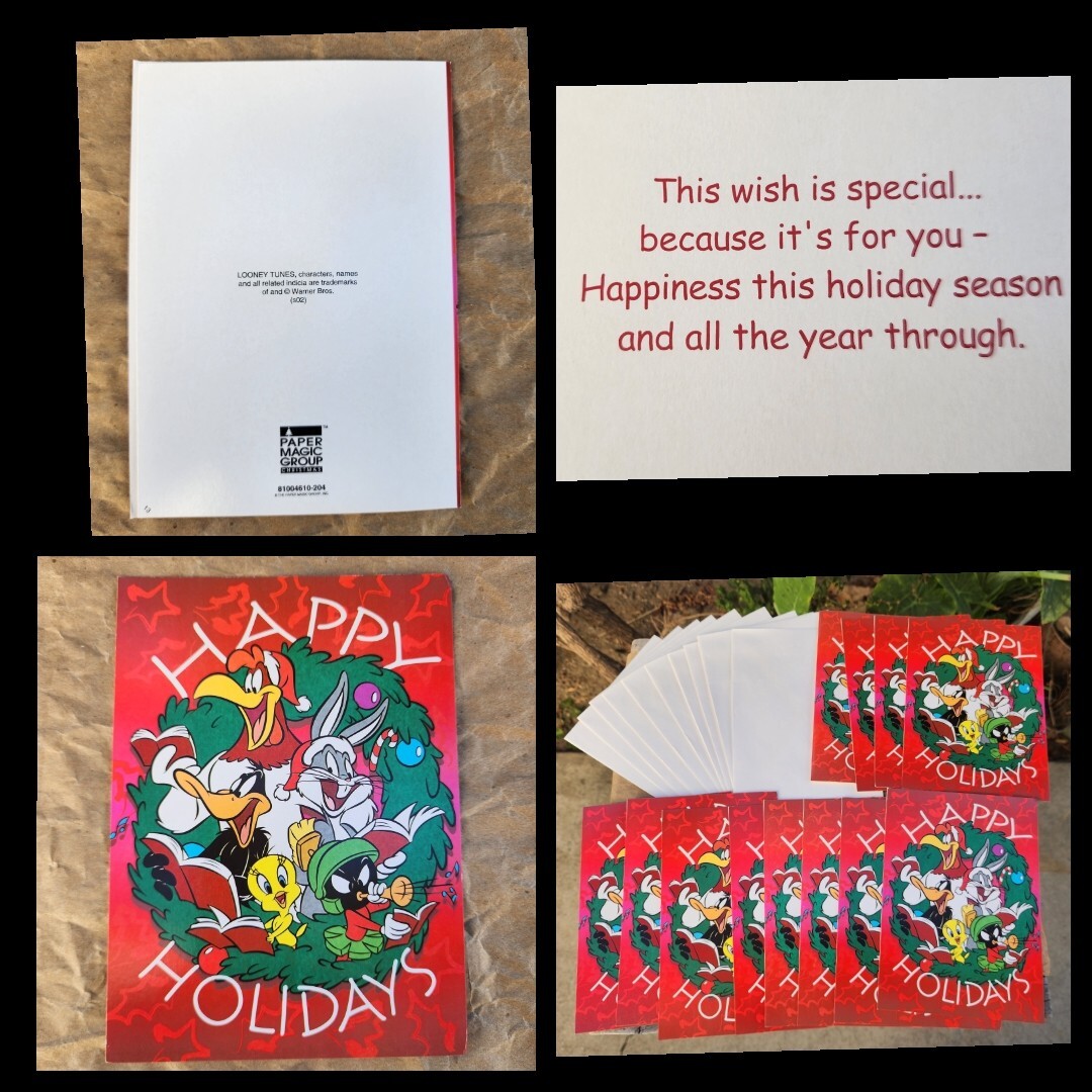 12 vintage Looney Tunes Christmas Holiday Cards Envelope Set Tweety Bugs Marvin
