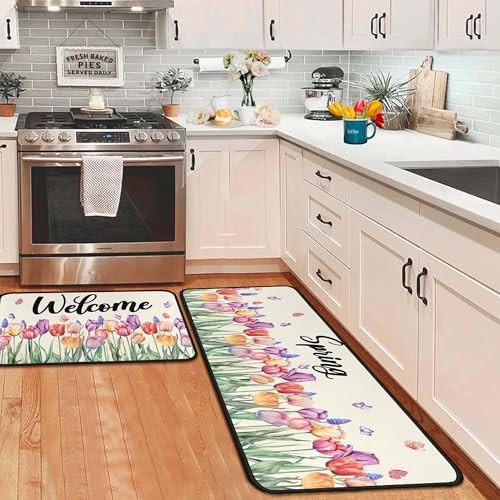 Tulip Floral Spring Decorative Kitchen Rugs Set of 2,Welcome Spring Summer