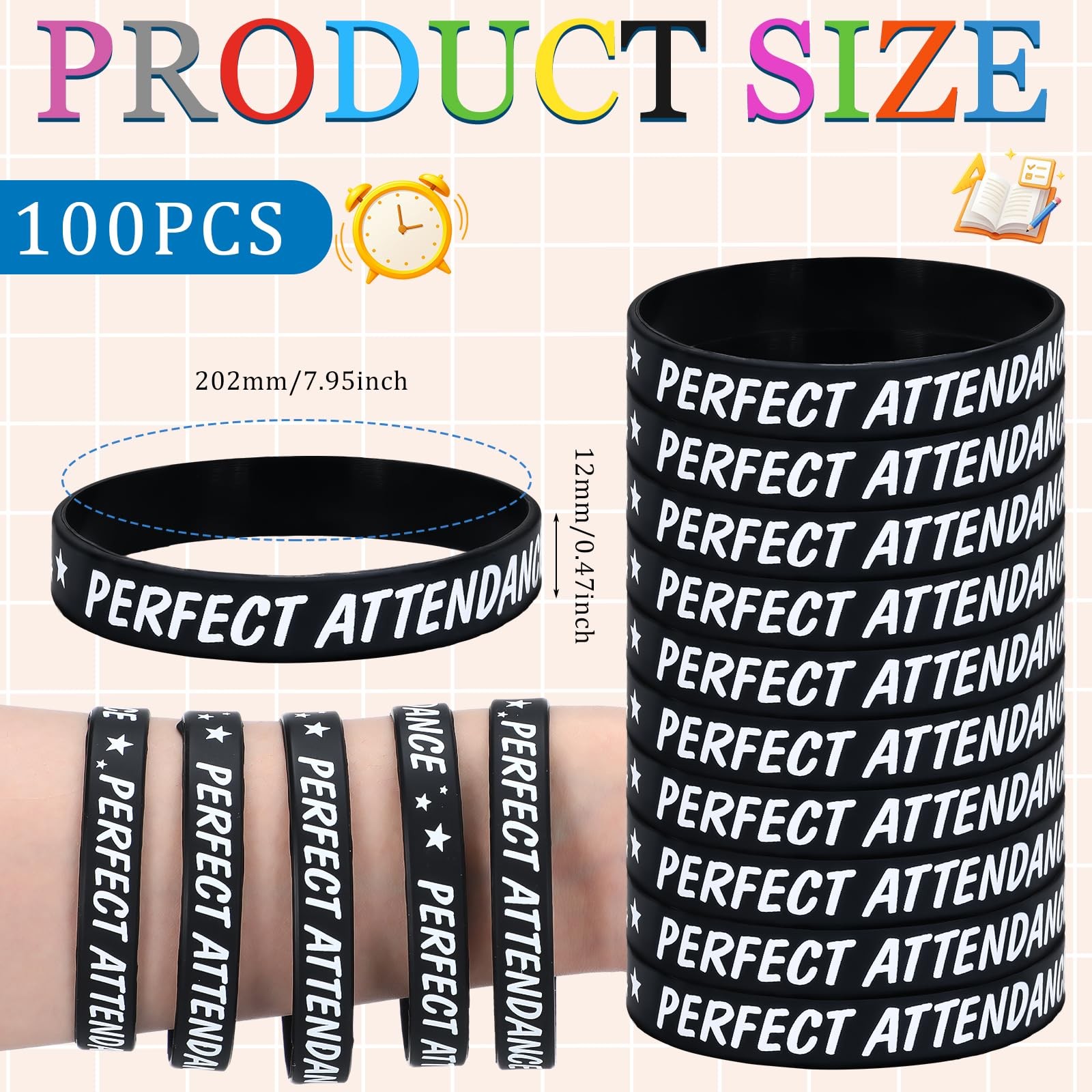 100 PCS Black Perfect Attendance Awards Silicone Wristbands Bulk Student Prize