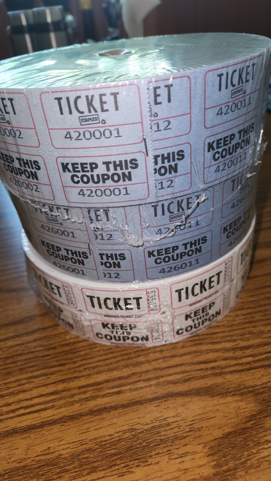 Raffle Tickets,(3 Rolls of 2000 Double Tickets) 6,000 Total 50/50 Raffle Tickets