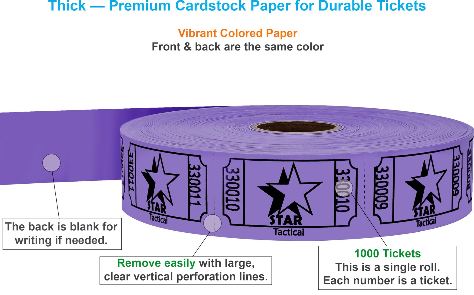 Tacticai 1000 Star Raffle Tickets, Single Roll, Purple