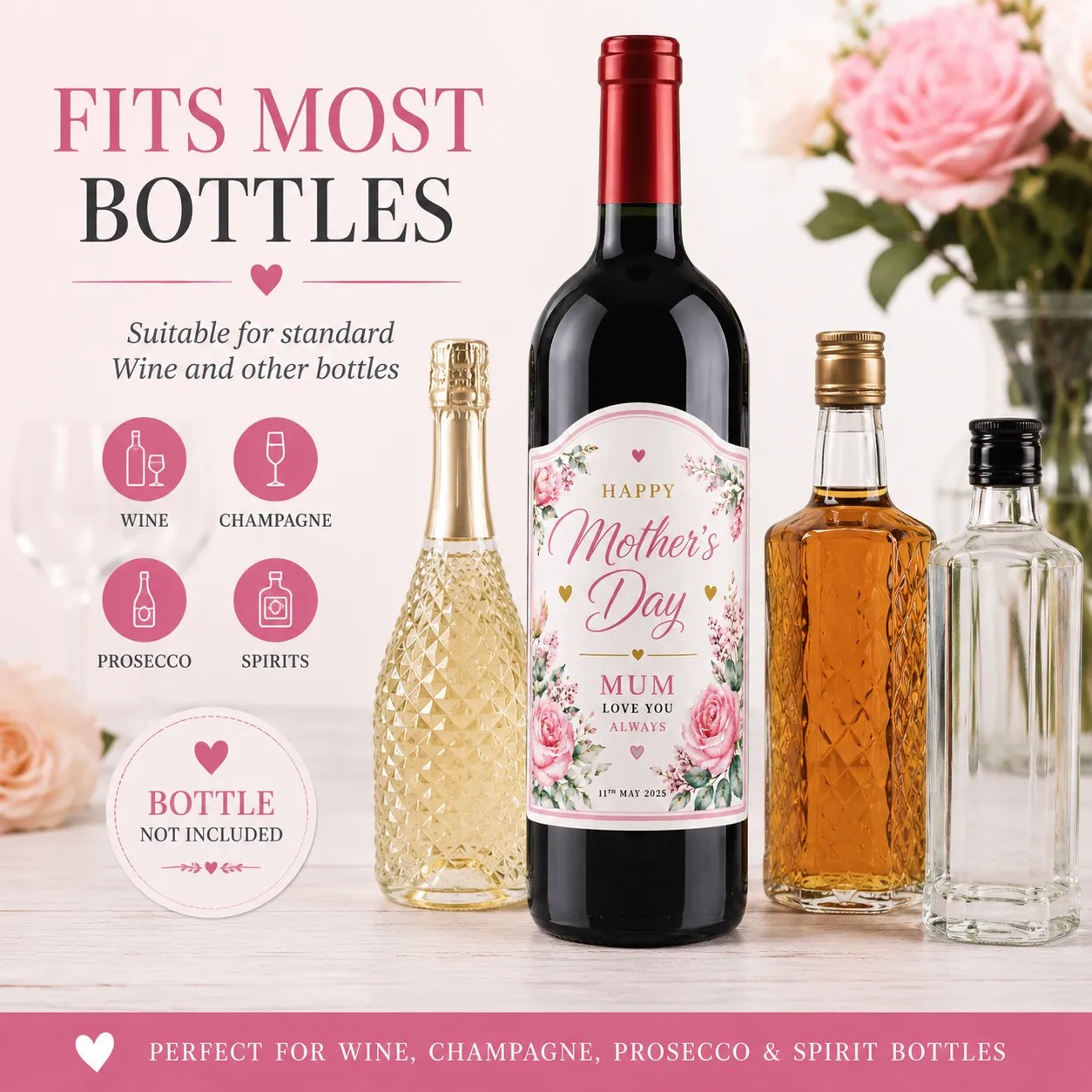 Personalised Mother’s Day Bottle Label Sticker Custom Wine Gift for Mum Floral
