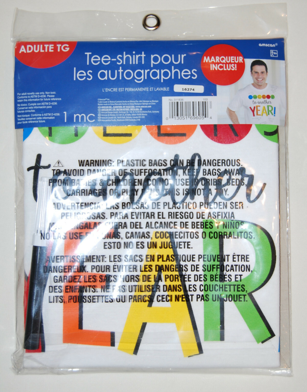 New Amscan Adult White Birthday Celebration Autograph T-Shirt w/ Marker sz XL