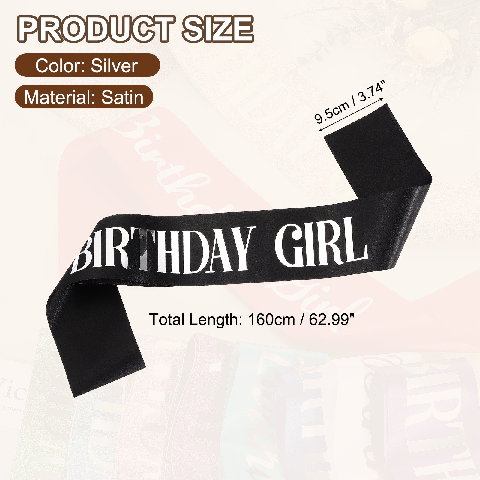 Birthday Girls Sash with Pin Silver Lettering for Birthday Party, Black