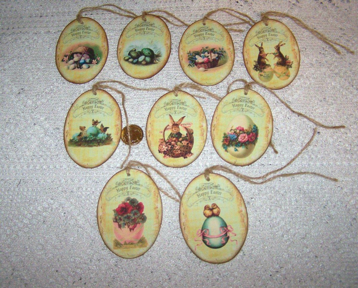 9~Easter~Vintage~Oval~Bunnies~Eggs~Chick~Linen Cardstock~Gift~Hang~Tags~Ornament