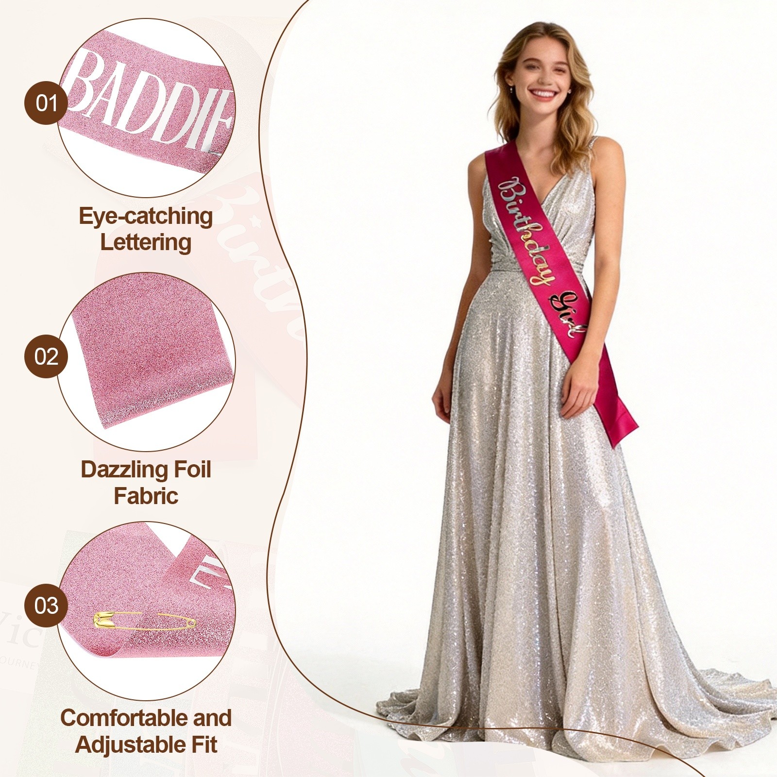 Birthday Baddie Sash with Pin Silver Foil Lettering for Party, Pink