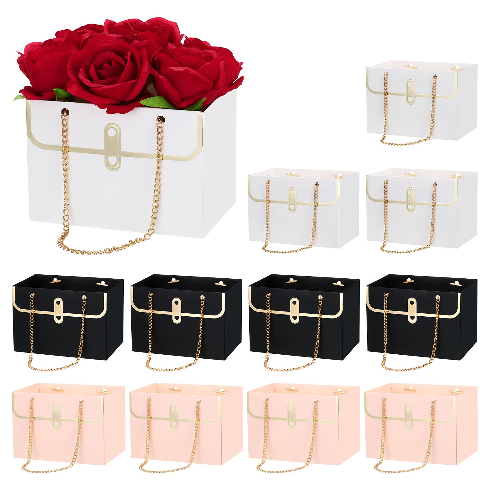 12 Pcs Flower Gift Box Paper Bouquet Flower Pink & Black & White