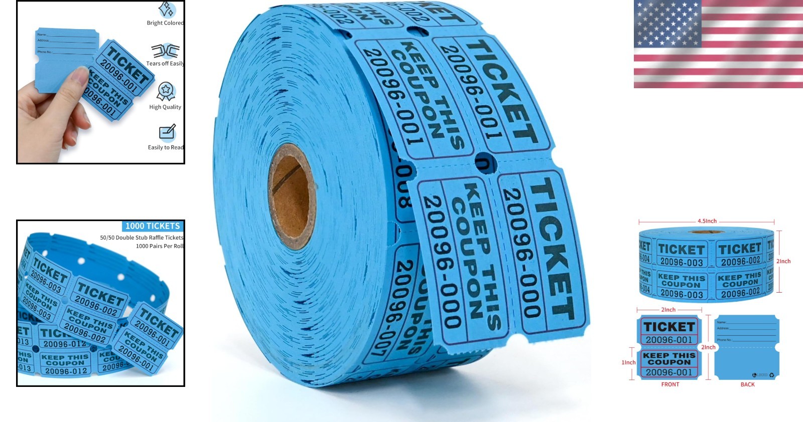 Bright Blue 1000-Pair Double Stub Tickets – Ideal for Raffles, Fairs & Drawings