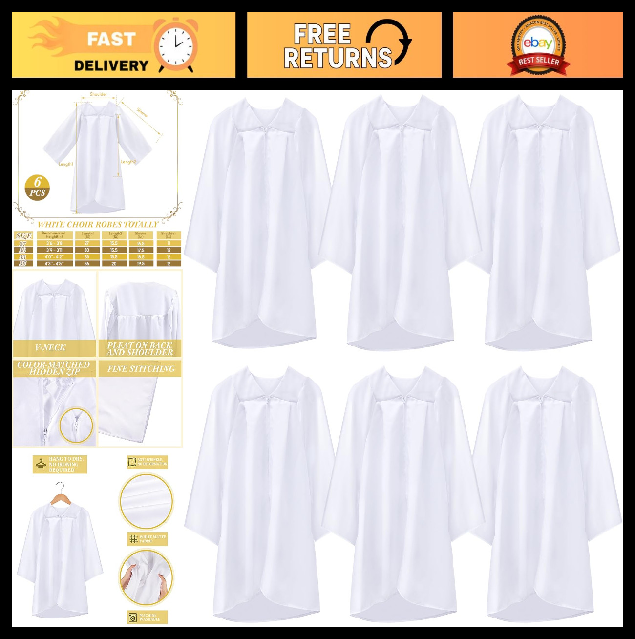 Kids Choir Robes Bulk White Graduation Gowns Unisex Matte Baptism Robes for Chur