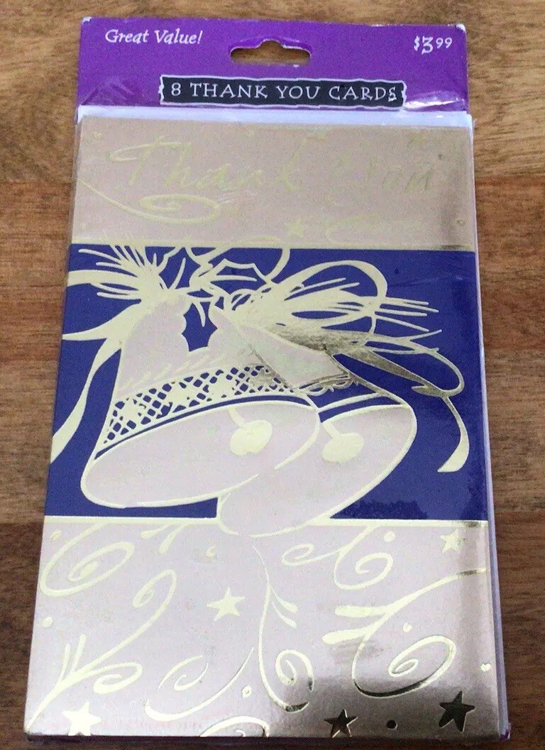Set of 8 GIBSON Thank You Cards, Christmas Themed, Gold Foiled Bells, NIP