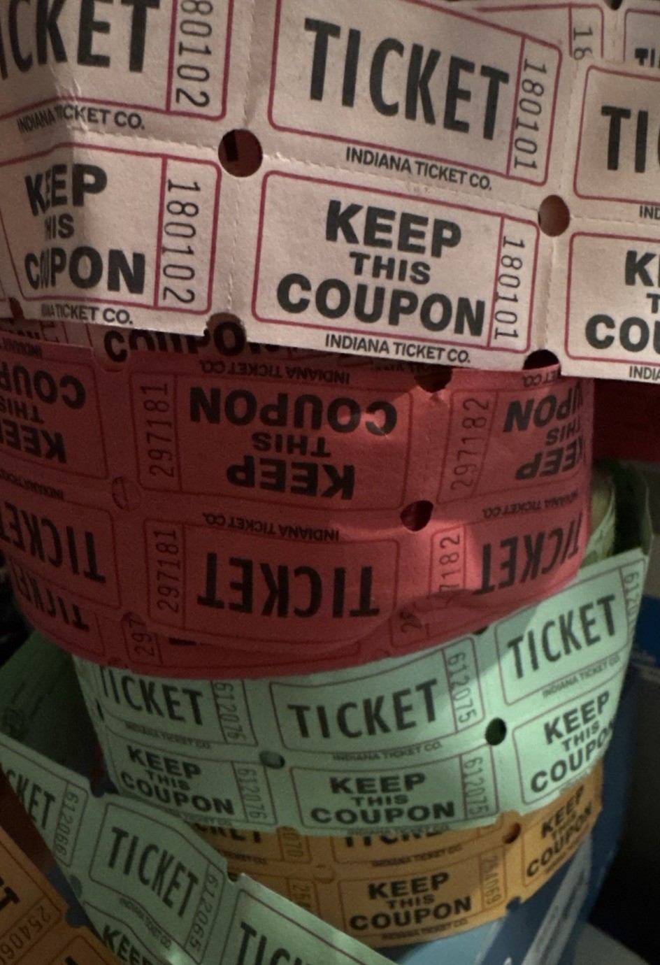 Indiana Raffle Tickets Double 4 Rolls Missing A Few On Each Roll