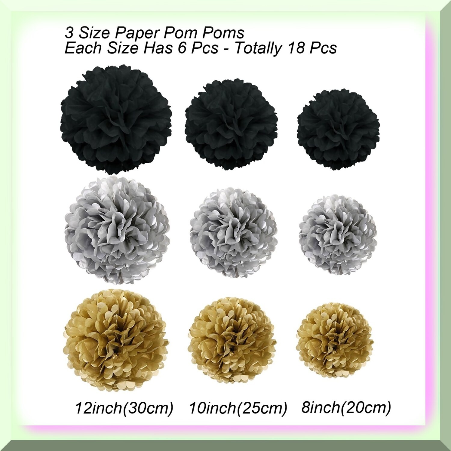 Party Tissue Paper Pom Poms 18 Pieces Black Gold Silver