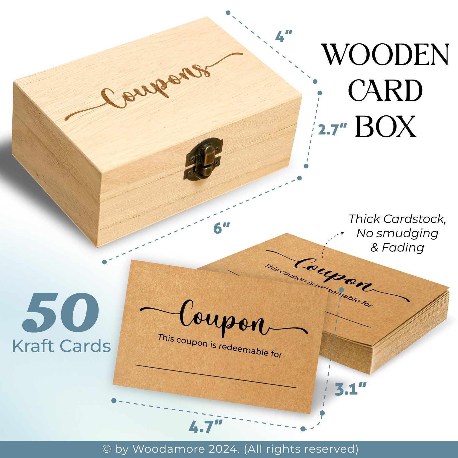 WOODAMORE 50 Blank Coupon Cards with Wood 4 x 6 inches, coupon card box