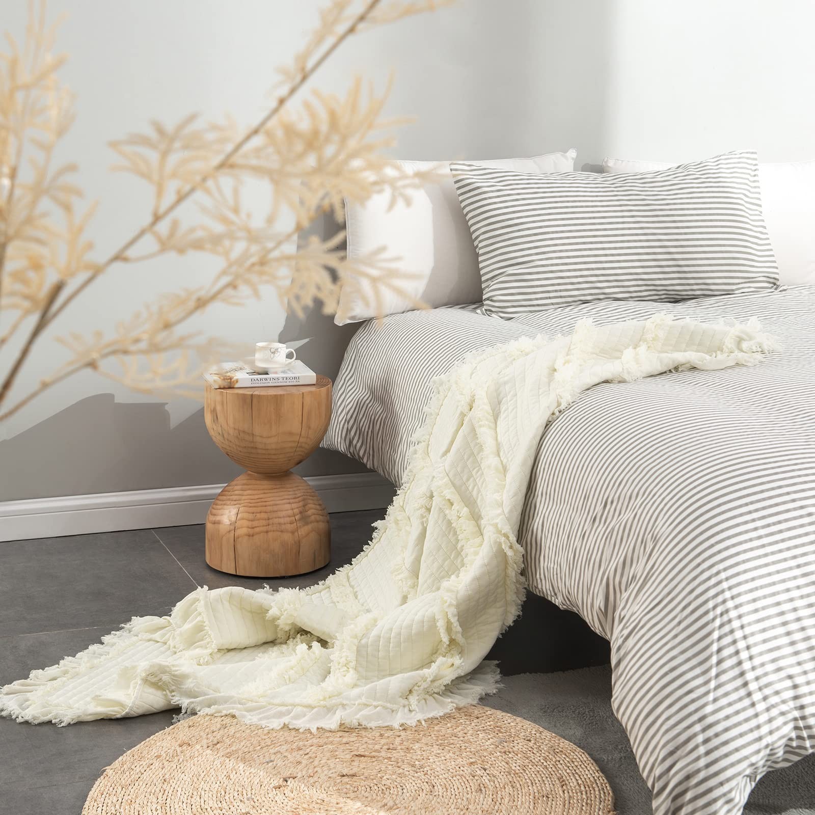 Pre-Washed Ultra Soft Quilted Cream King Size Blankets for Bed, Ruffle Fringe…