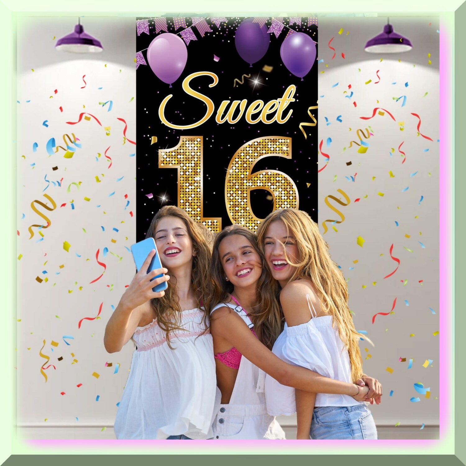 Purple Gold Sweet 16 Celebration Kit with Banner and Props