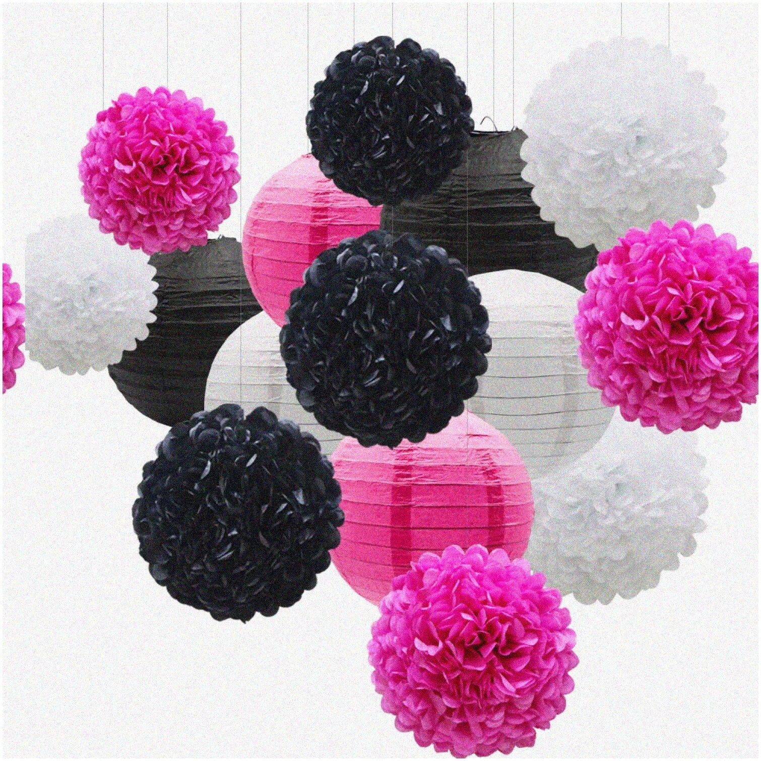 Pink White Black Paper Flower and Pom-Pom Party Pack