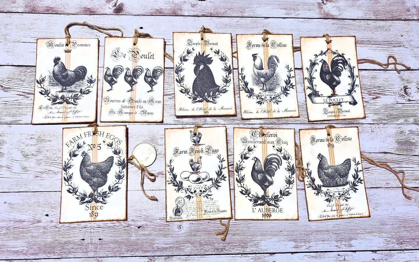 9~Vintage~Ephemera~French Roosters~Junk Journal~Linen Cardstock~Gift~Hang~Tags
