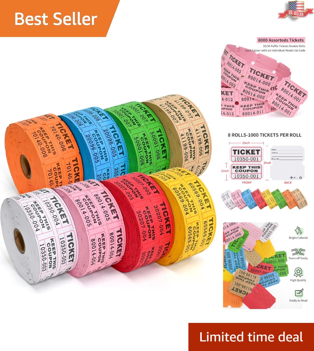 Complete Set of 8000 Raffle Tickets in 8 Vibrant Colors – Ideal for Any Occasion