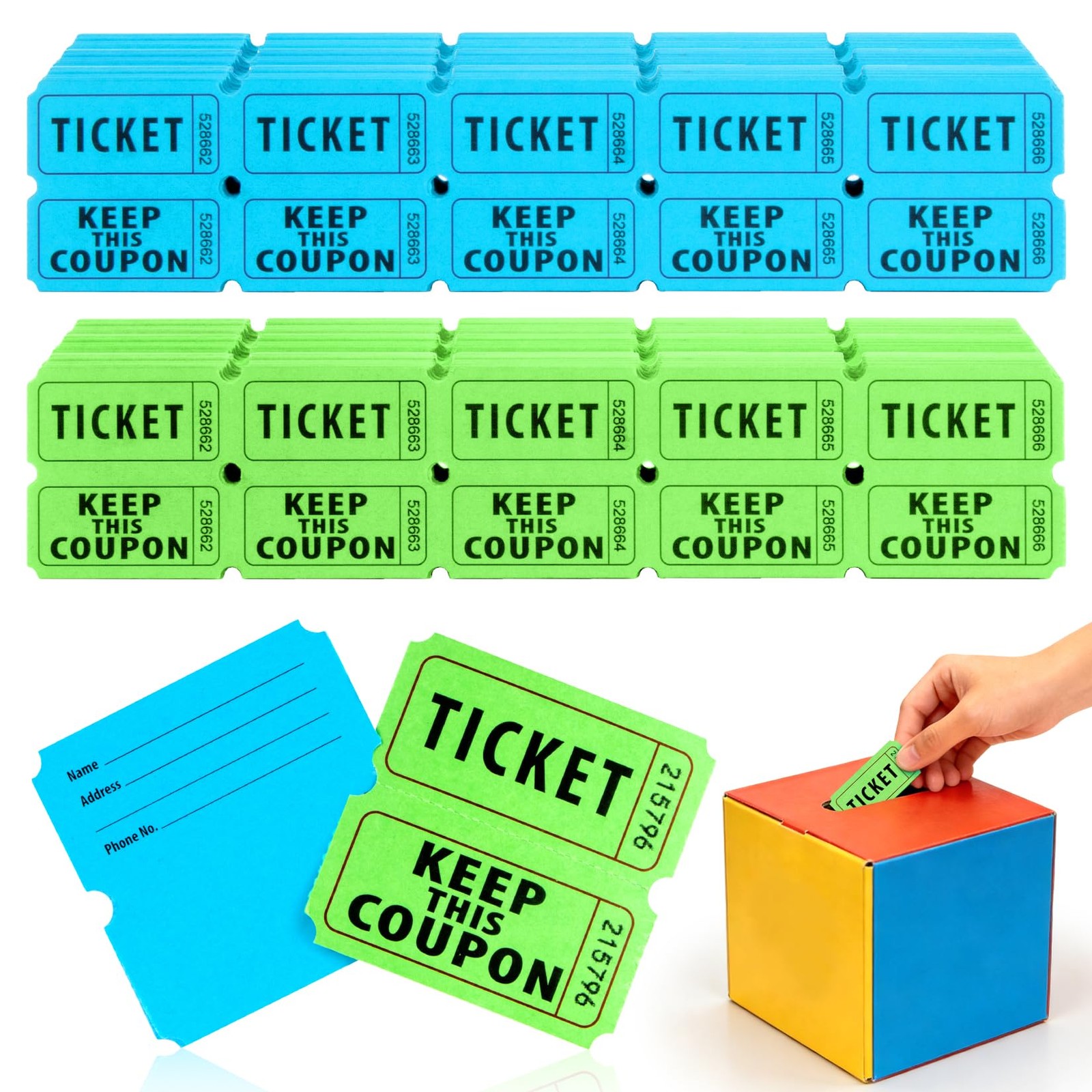 800 PCS Raffle Tickets Roll 50/50 Double Perforated Green Blue Consecutive