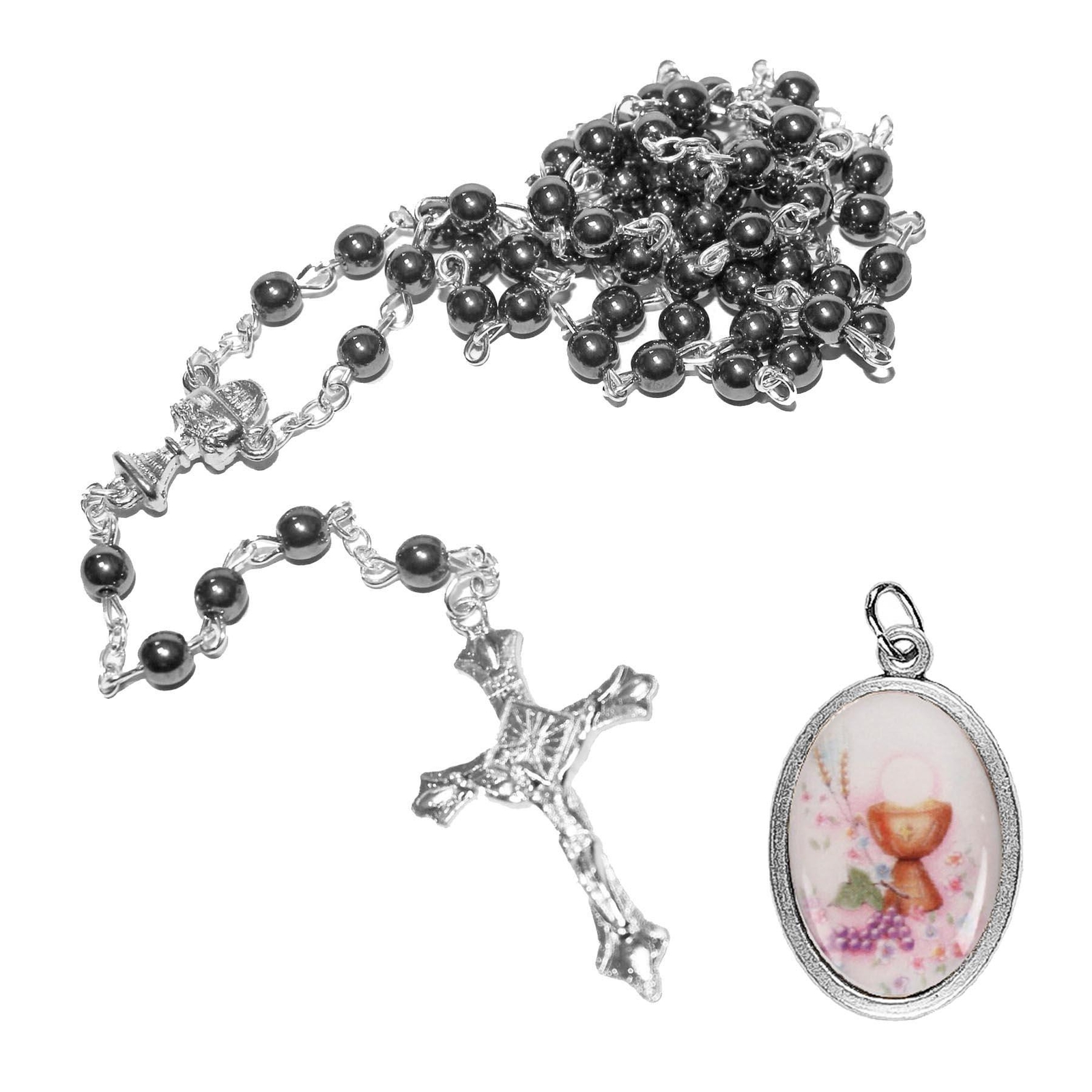Holy Communion Hematite Rosary Beads and Picture Medal Gift Set