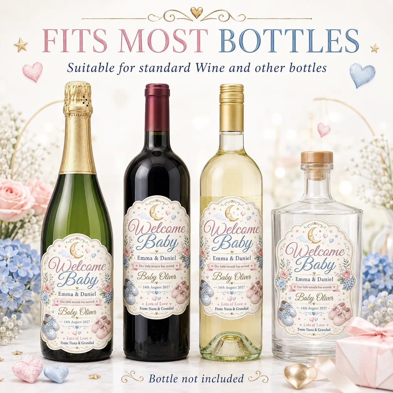 Personalised New Baby Bottle Label Sticker Custom Wine Gift Baby Arrival