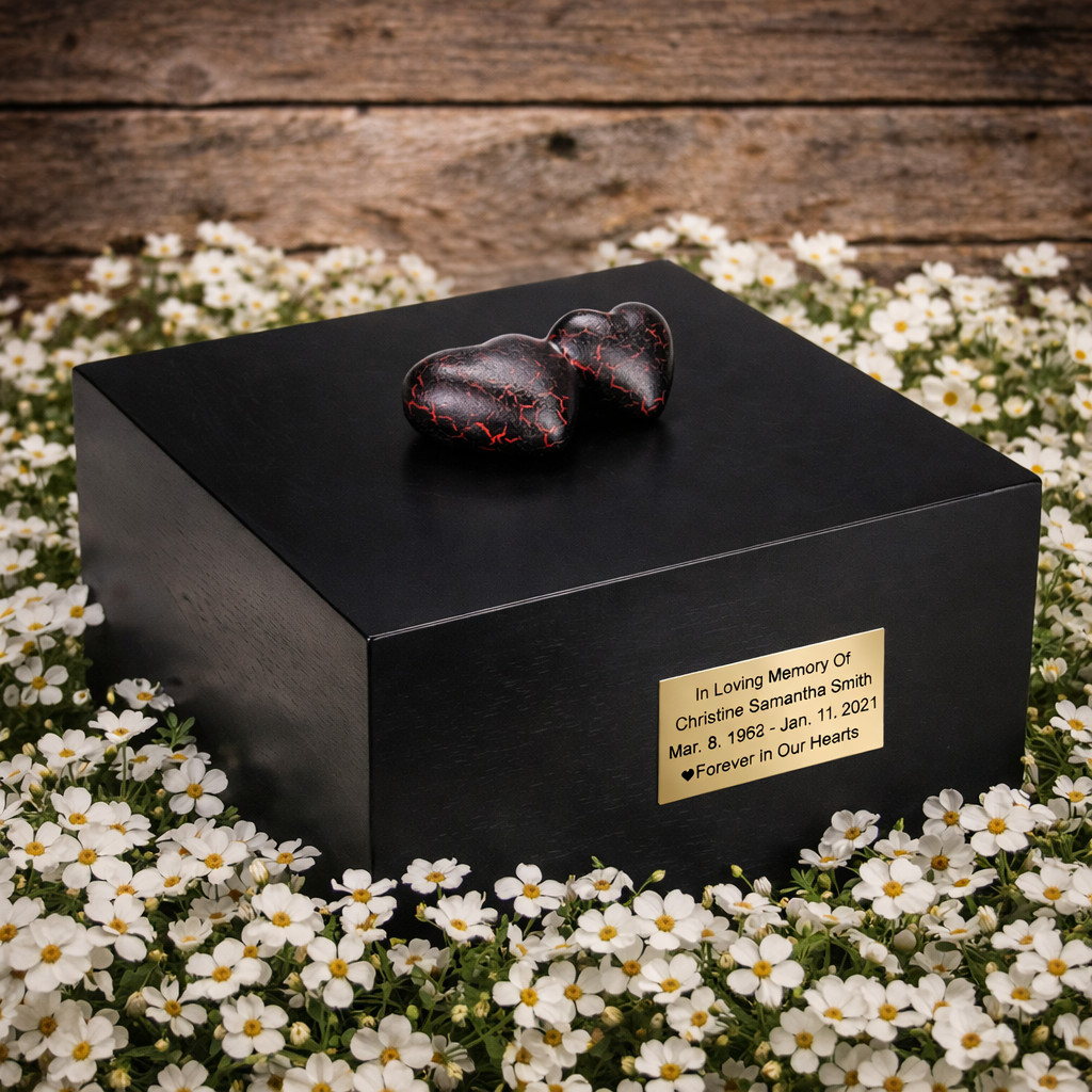 Wooden casket Adult Cremation Urn For Ashes with Cracked Hearts on the top .